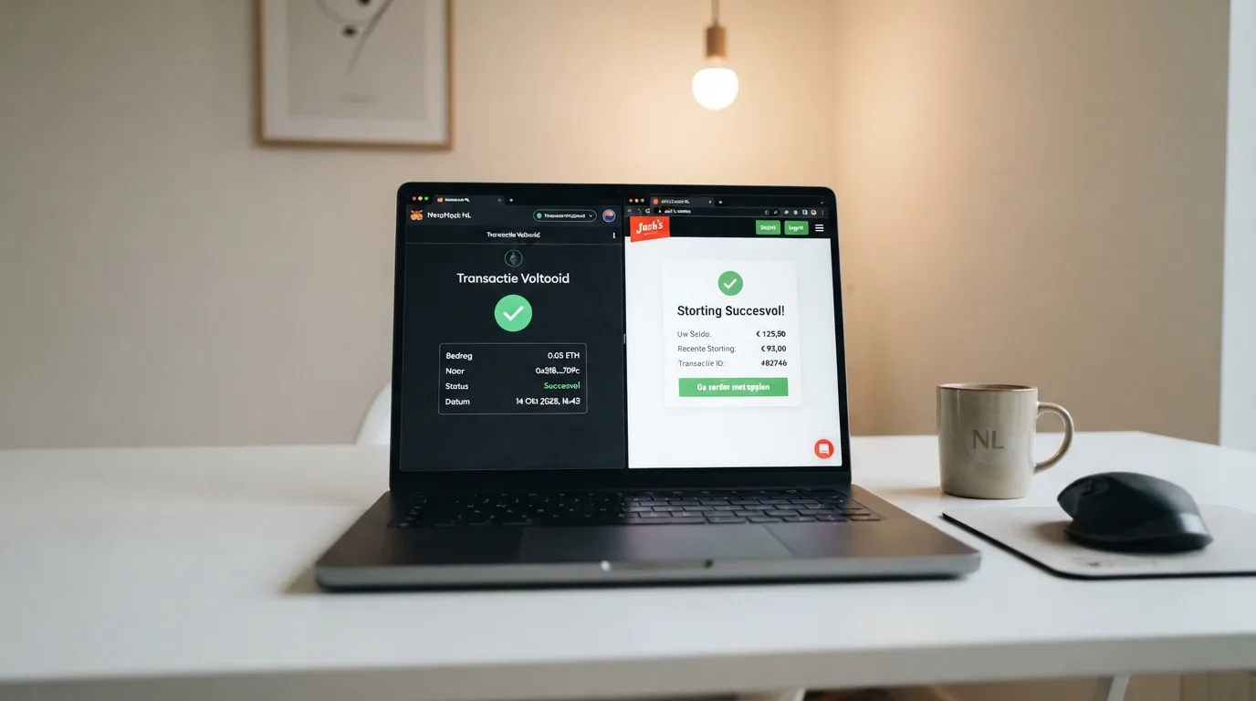 Een laptopscherm met een crypto-wallet naast een casino-stortingspagina, een BCH-transactiebevestiging in beeld