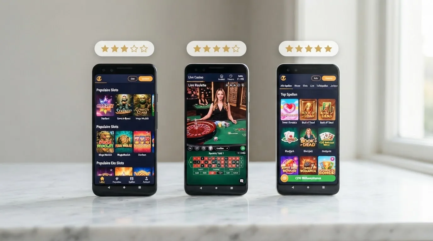 Drie Android-telefoons naast elkaar met verschillende casino-app-interfaces van Nederlandse aanbieders, met zichtbare Play Store-beoordelingen