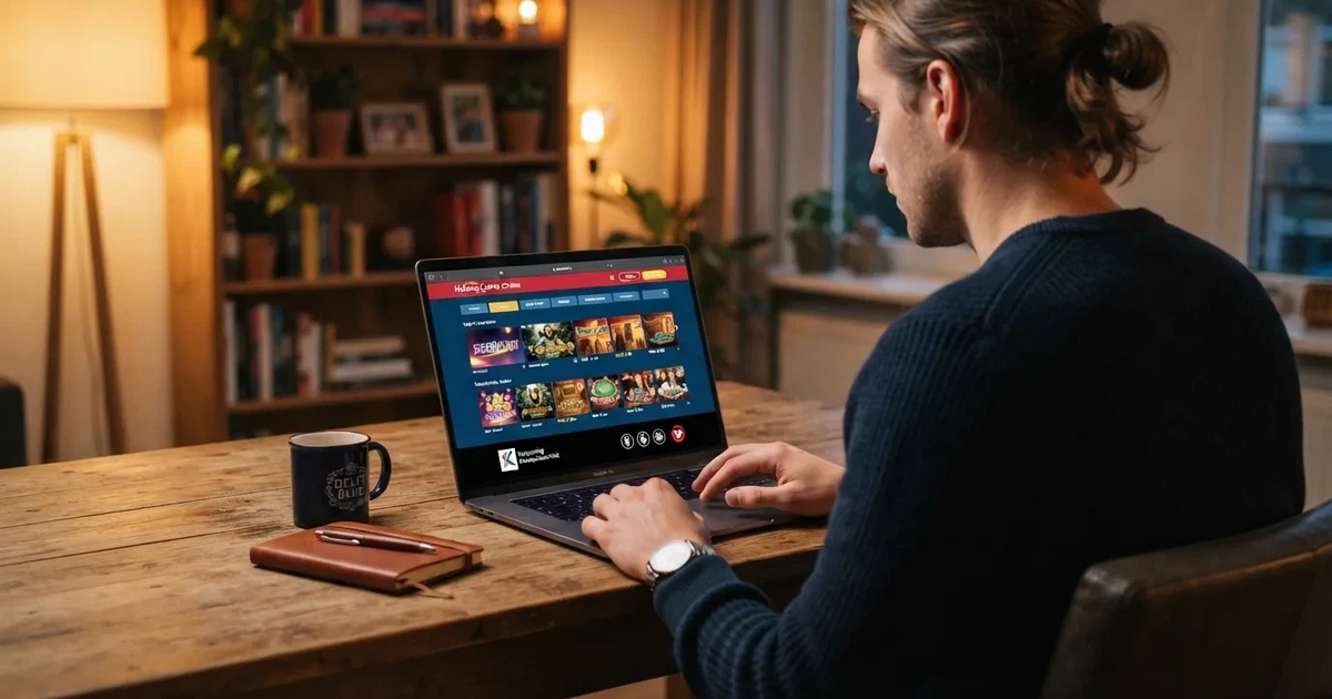 Een Nederlandse speler bekijkt het spelaanbod op een legale online goksite op zijn laptop, met het KSA-vergunninglogo zichtbaar in de footer.
