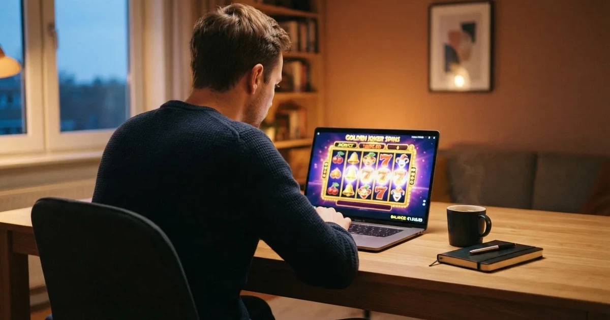 Een Nederlandse speler bekijkt op zijn laptop een vergelijking van online casino's met bankoverschrijving als betaalmethode
