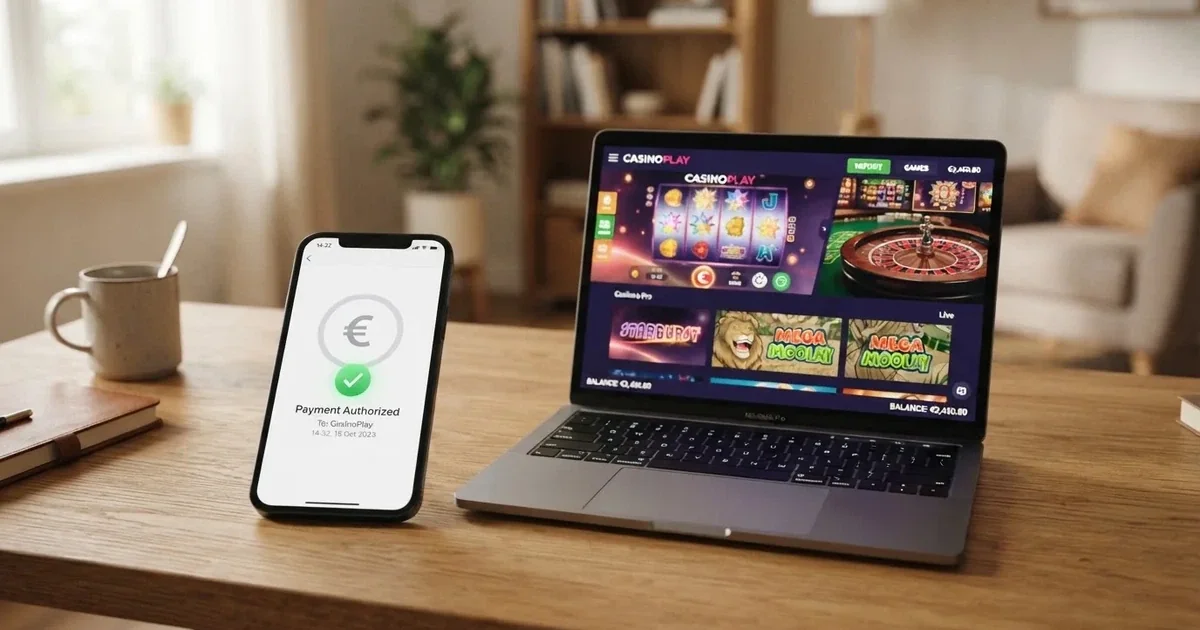 Een smartphone met daarop het Brite-betaalscherm in een Nederlandse bank-app naast een online casino-interface op een laptop