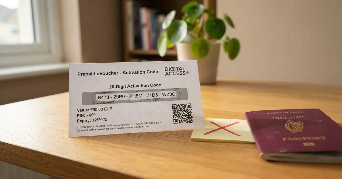 Een close-up van een CashtoCode eVoucher met een 20-cijferige pincode naast een Nederlands paspoort op een bureaublad, met een rood kruis ertussen