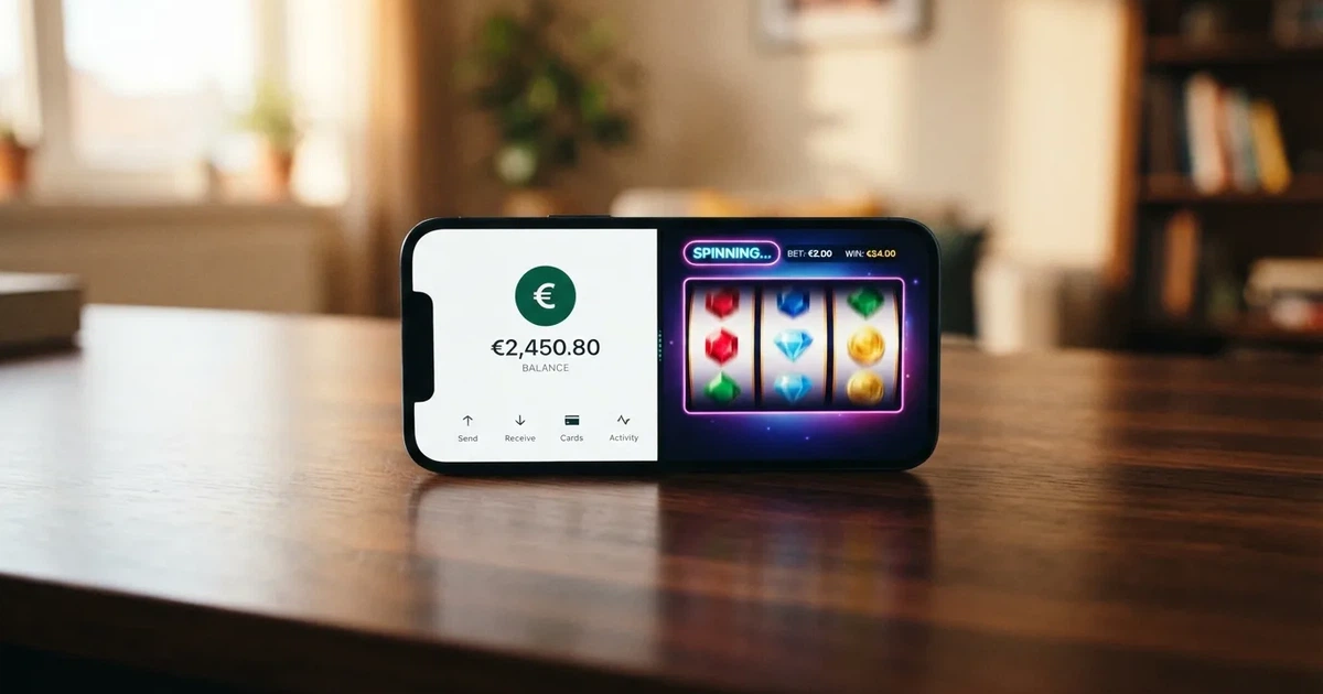 Smartphone met een betaal-app en een online casino naast elkaar, met ecoPayz- en iDEAL-logo's zichtbaar