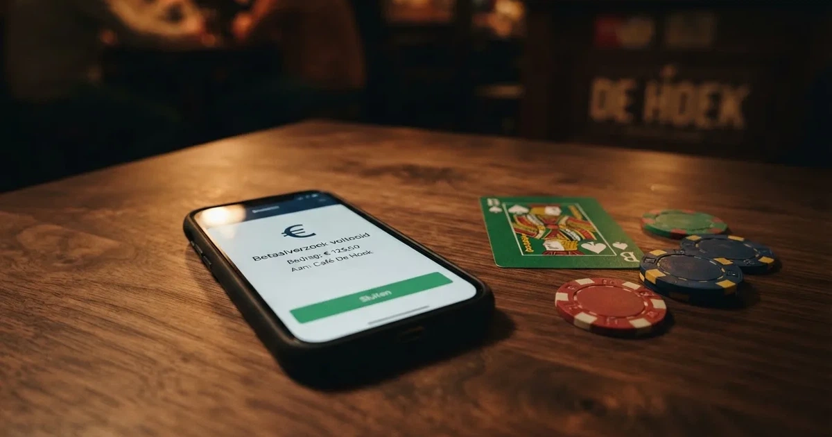 Smartphone met de Google Pay-app open, daarnaast speelkaarten en fiches op een tafel