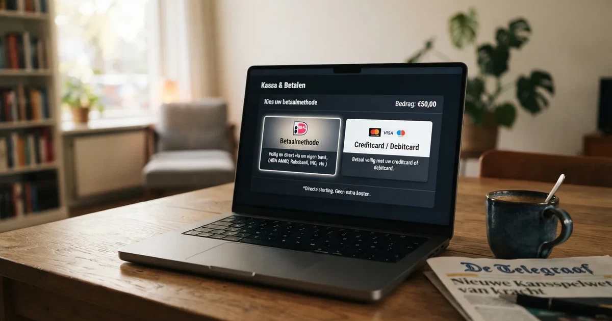 Een kassascherm van een online casino waarop iDEAL en een kaartbetaling als betaalmethoden staan, zonder HiPay-knop
