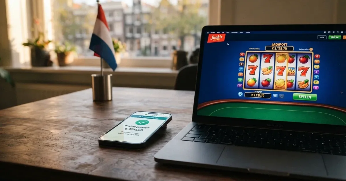 Een smartphone met het iDEAL-betaalscherm naast een casino-spelinterface op een laptop, met de Nederlandse vlag subtiel zichtbaar.