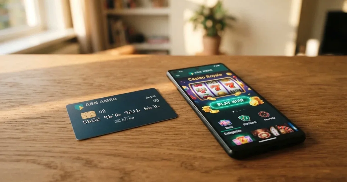 Een Nederlandse bankpas met Maestro-logo naast een smartphone die een casino-webpagina toont
