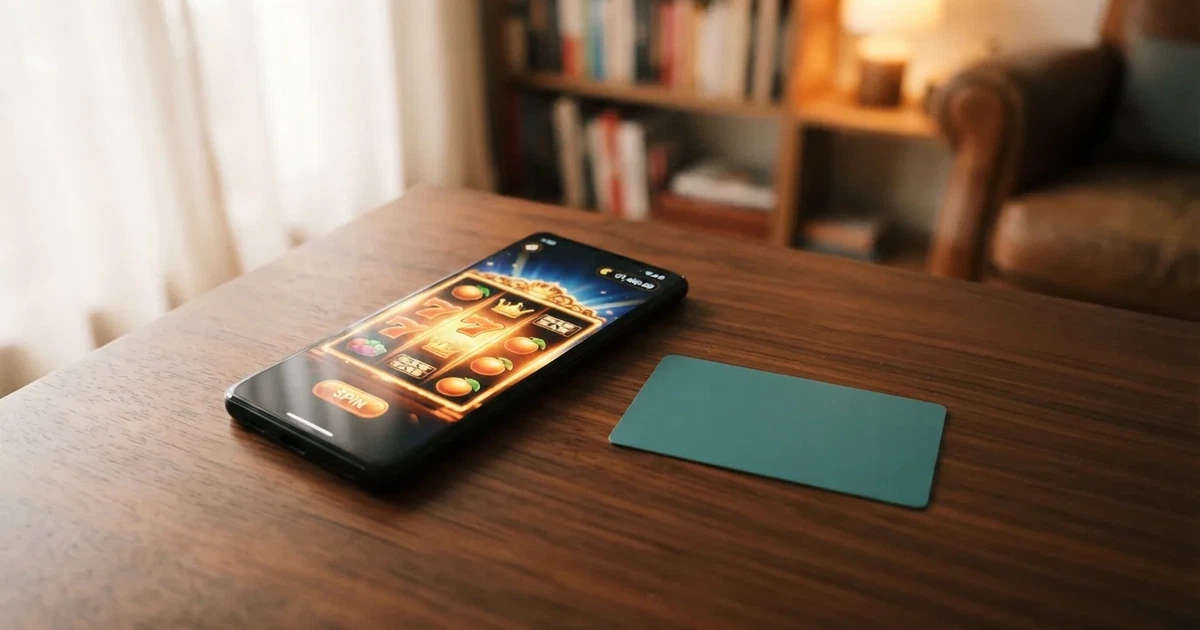 Een smartphone met het MiFinity-logo en casinokaarten op het scherm, naast een Nederlandse pinpas met iDEAL-logo