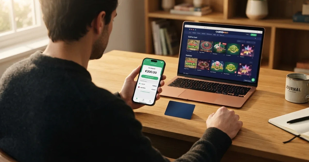 Een Nederlandse speler bekijkt op zijn smartphone de MuchBetter-app met een openstaande casino-stortingspagina op de achtergrond, met het MuchBetter-logo en een Mastercard zichtbaar.