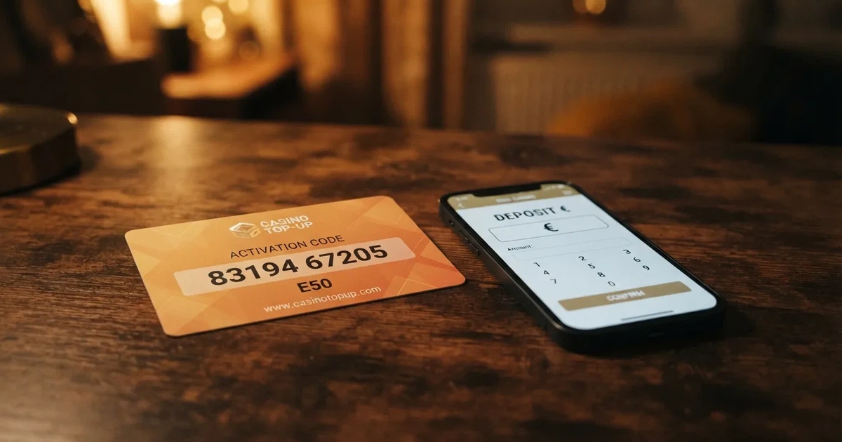 Een close-up van een Neosurf-voucher met 10-cijferige code naast het stortingsscherm van een online casino