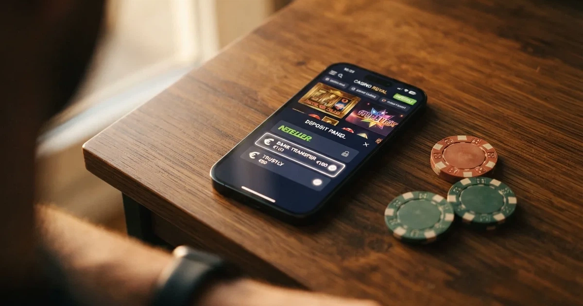 Een smartphone met een Neteller-app naast een Nederlandse casino-site, waar de Neteller-betaalknop grijs en niet aanklikbaar is
