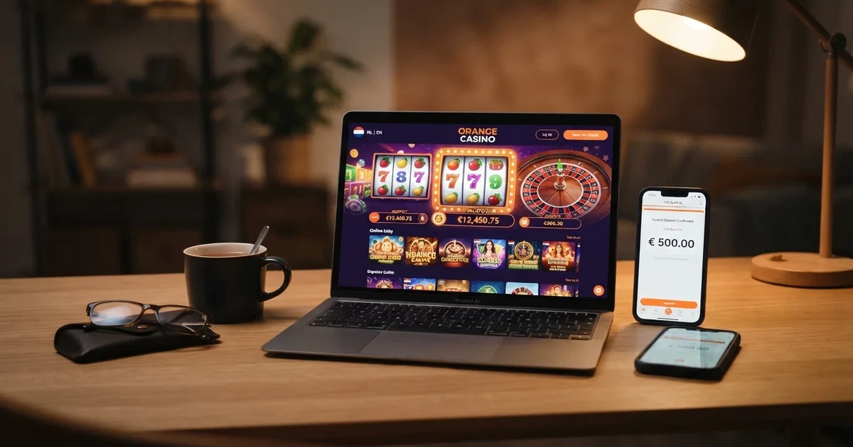 Een smartphone en laptop met daarop een online casino-interface en een bankapp die een snelle storting via Trustly toont, met een Nederlandse vlag in het scherm