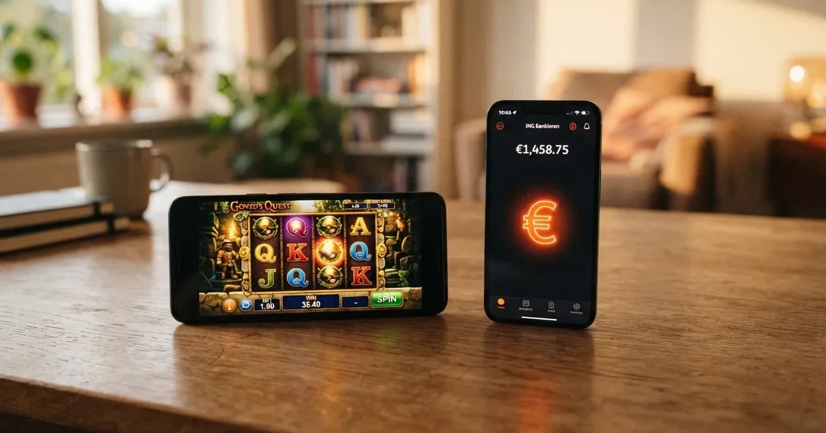 Een smartphone met de Revolut-app op het ene scherm en een online casino op het andere