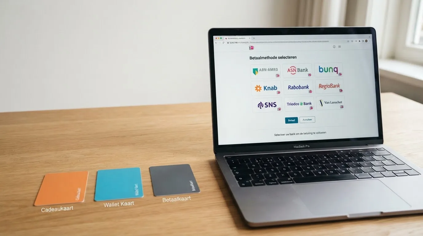 Een laptopscherm toont het iDEAL-betaalscherm naast de logo's van alternatieve betaalmethoden zoals paysafecard, Skrill en creditcard, gerangschikt op een Nederlandse casino-stortingspagina.