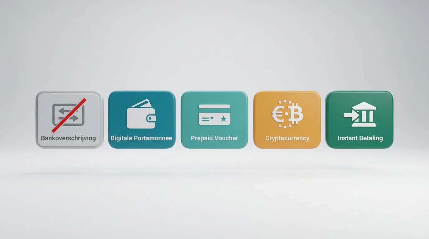 Een rij betaaliconen waarvan iDEAL doorgestreept is, met daarnaast PayPal, Paysafecard, Bitcoin en Trustly wél actief — de betaalrealiteit van een offshore casino