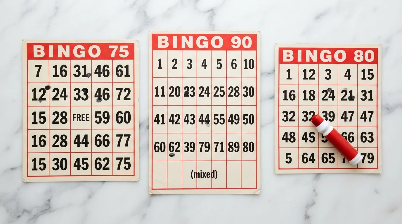 Drie bingokaarten naast elkaar: een 5×5-raster, een 3×9-kaart en een 4×4-raster