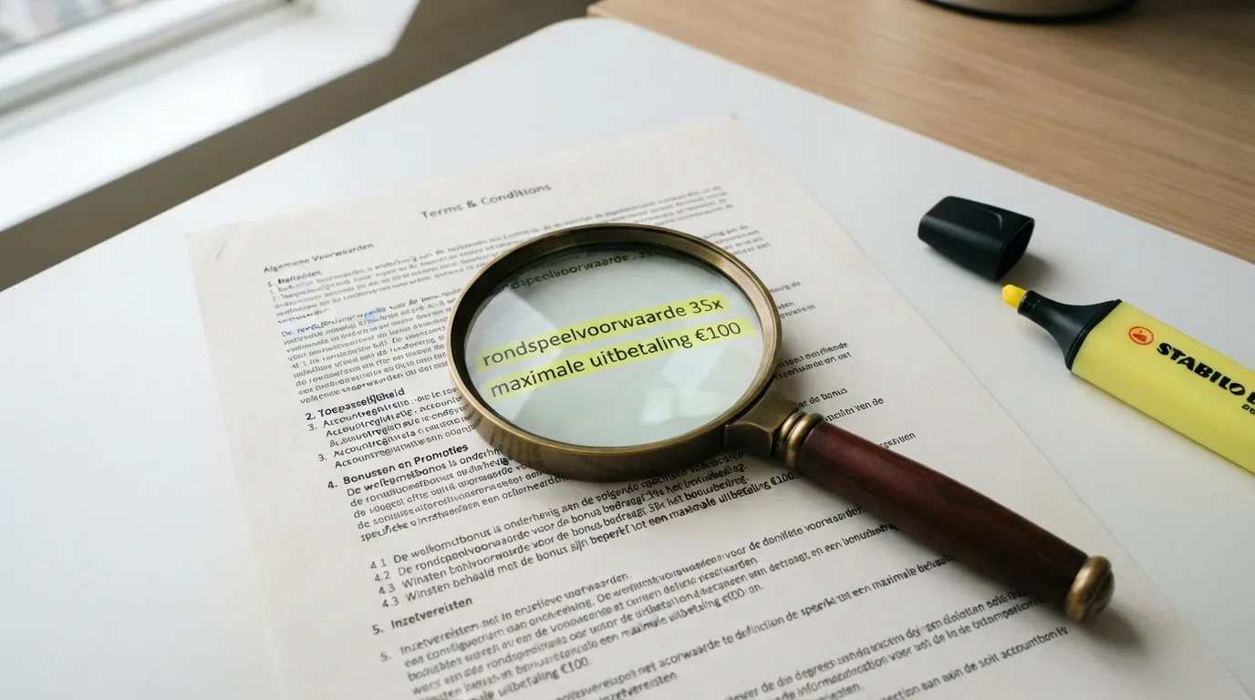 Een vergrootglas over een document met bonusvoorwaarden, waarbij “rondspeelvoorwaarde 35x” en “maximale uitbetaling €100” met markeerstift zijn gearceerd