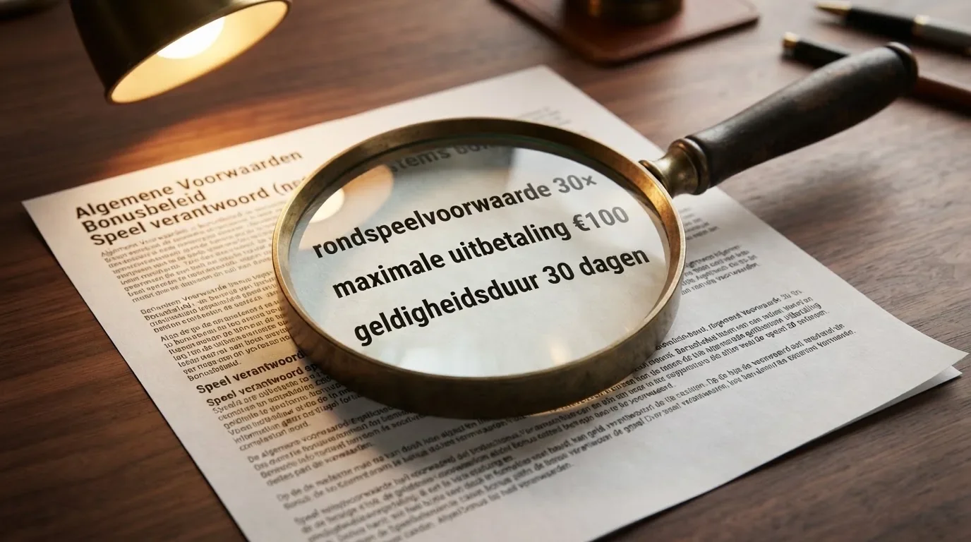 Een close-up van een vergrootglas boven casinovoorwaarden, met de woorden 'rondspeelvoorwaarde 30×', 'maximale uitbetaling €100' en 'geldigheidsduur 30 dagen' uitgelicht