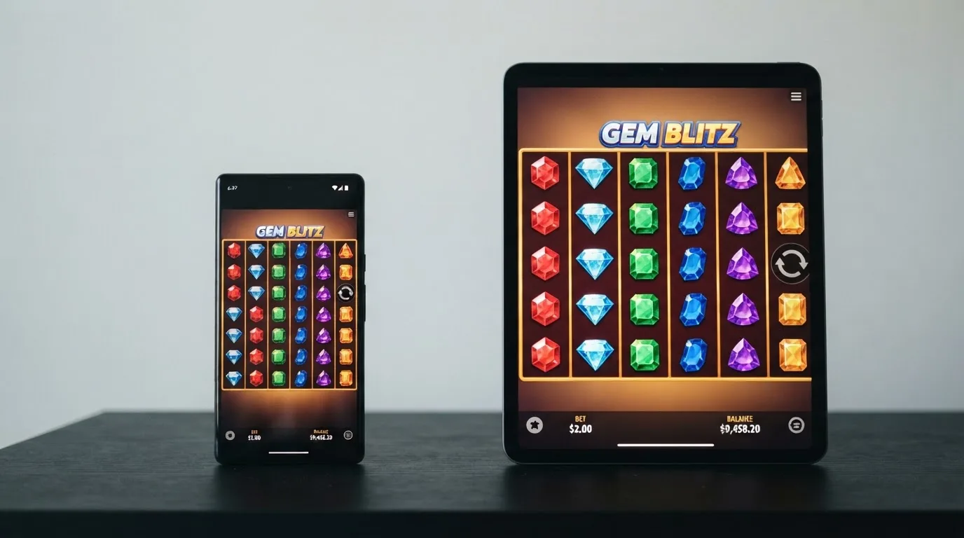 Dezelfde BTG-Megaways-slot naast elkaar op een smartphone en een tablet, waarbij het kleinere scherm de drukte van de rollen laat zien