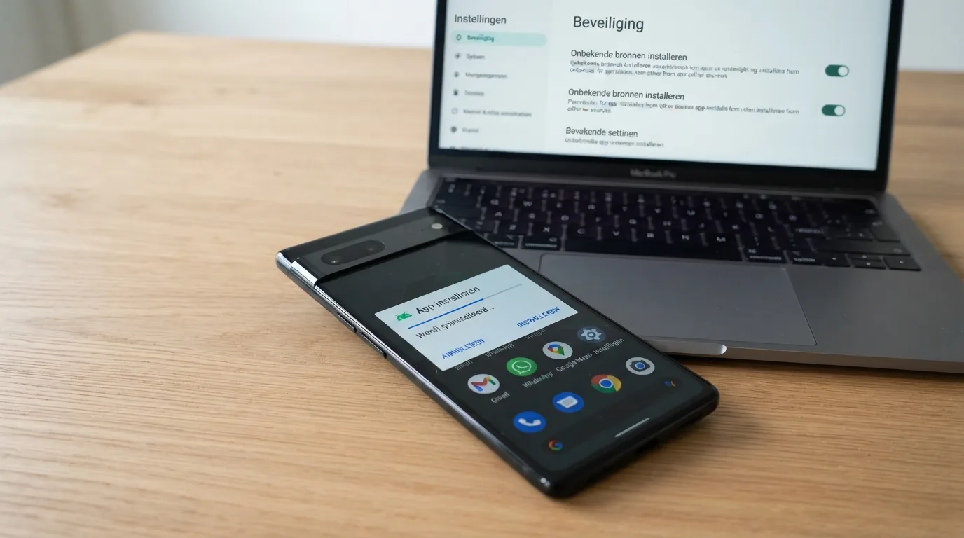 Een Android-telefoon met het installatiescherm voor een APK-bestand, met de instelling 'Onbekende bronnen toestaan' zichtbaar op de achtergrond