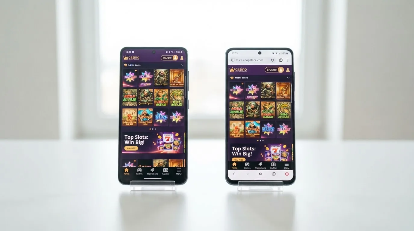 Twee smartphones naast elkaar: links een casino-app, rechts dezelfde casino-website in een mobiele browser