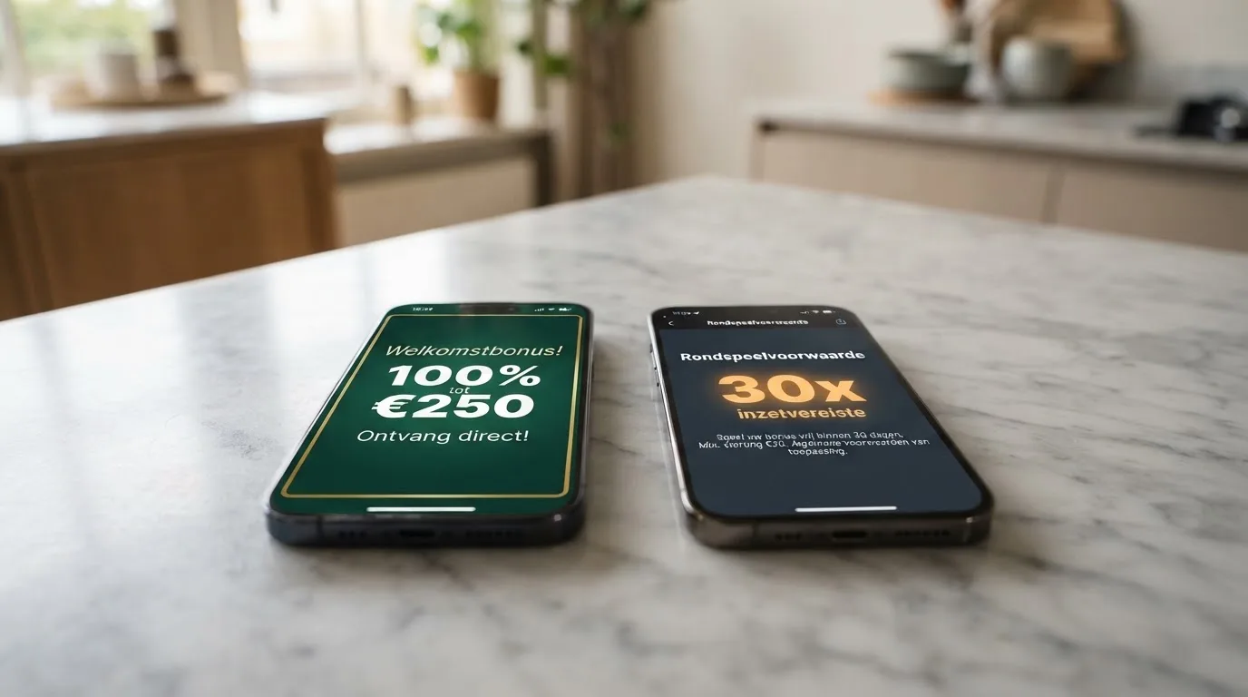 Twee smartphones naast elkaar: de ene toont een welkomstbonus-pop-up met “100% tot €250”, de andere de bonusvoorwaarden met een uitgelichte rondspeelvoorwaarde