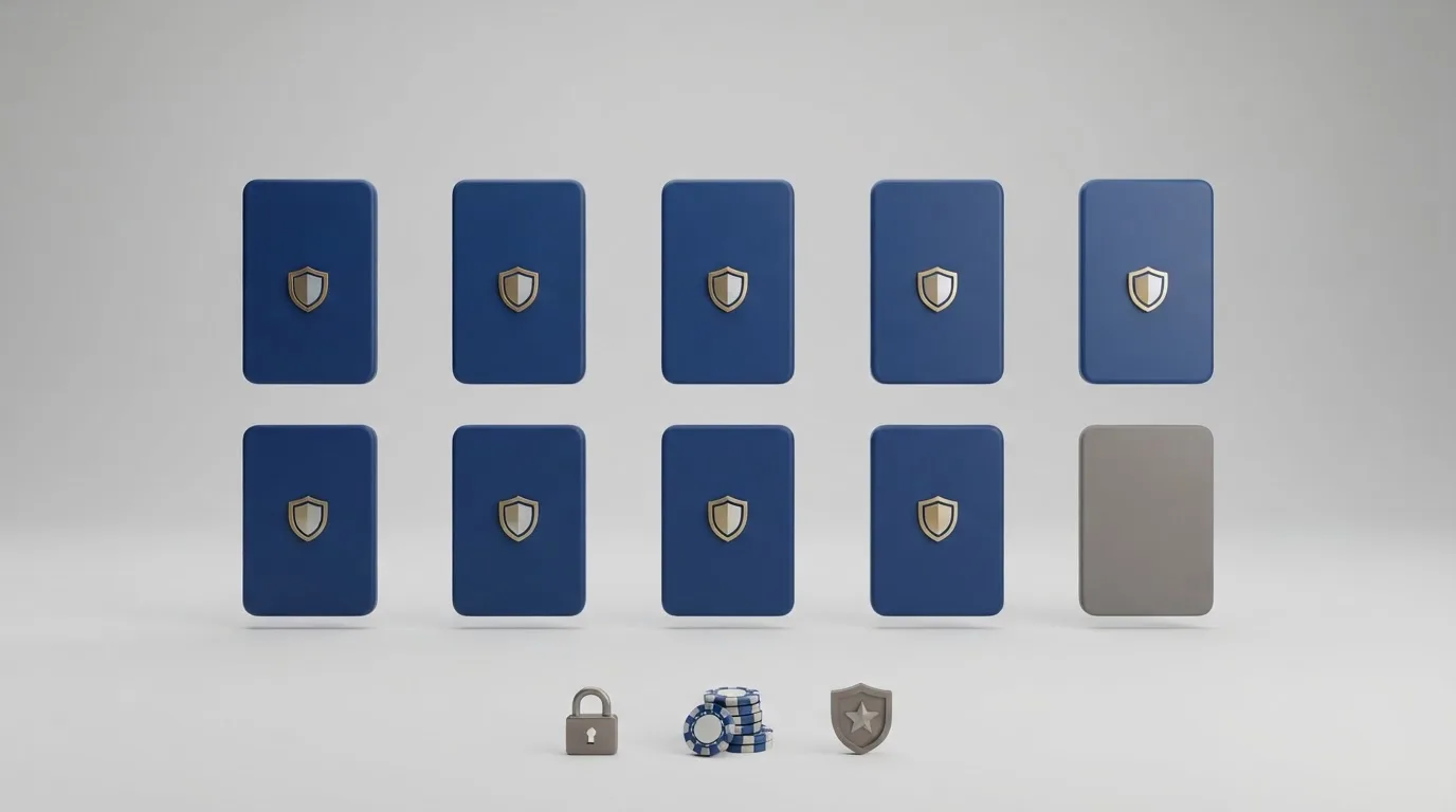 Tien casino-logo's in een raster, negen onder het Ksa-keurmerk en één apart geplaatst zonder keurmerk, met daaronder in kleine pictogrammen een slot, een muntstapel en een schild
