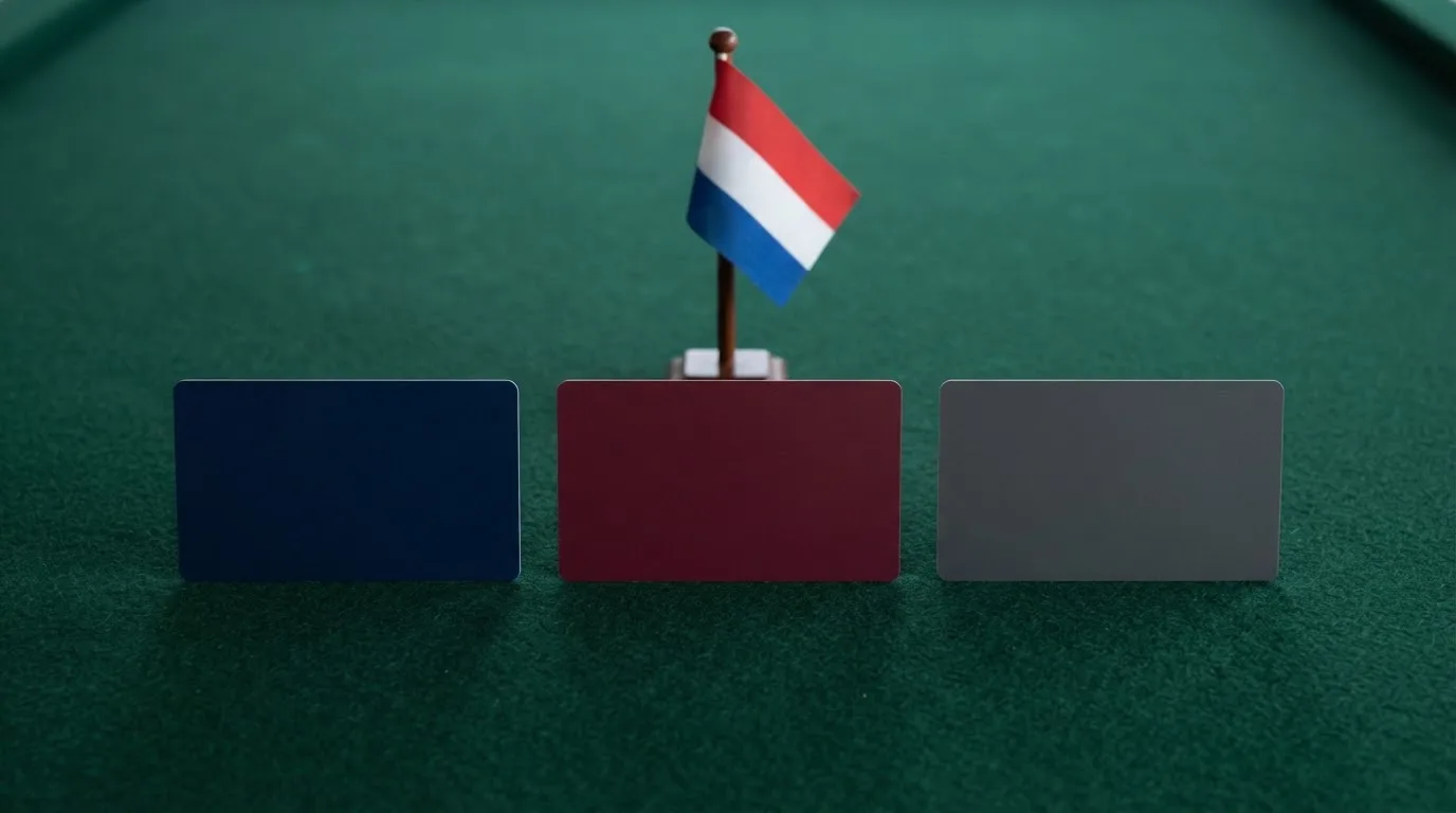 Drie creditcards — Visa, Mastercard en American Express — naast elkaar op een casino-tafel, met een Nederlandse vlag op de achtergrond