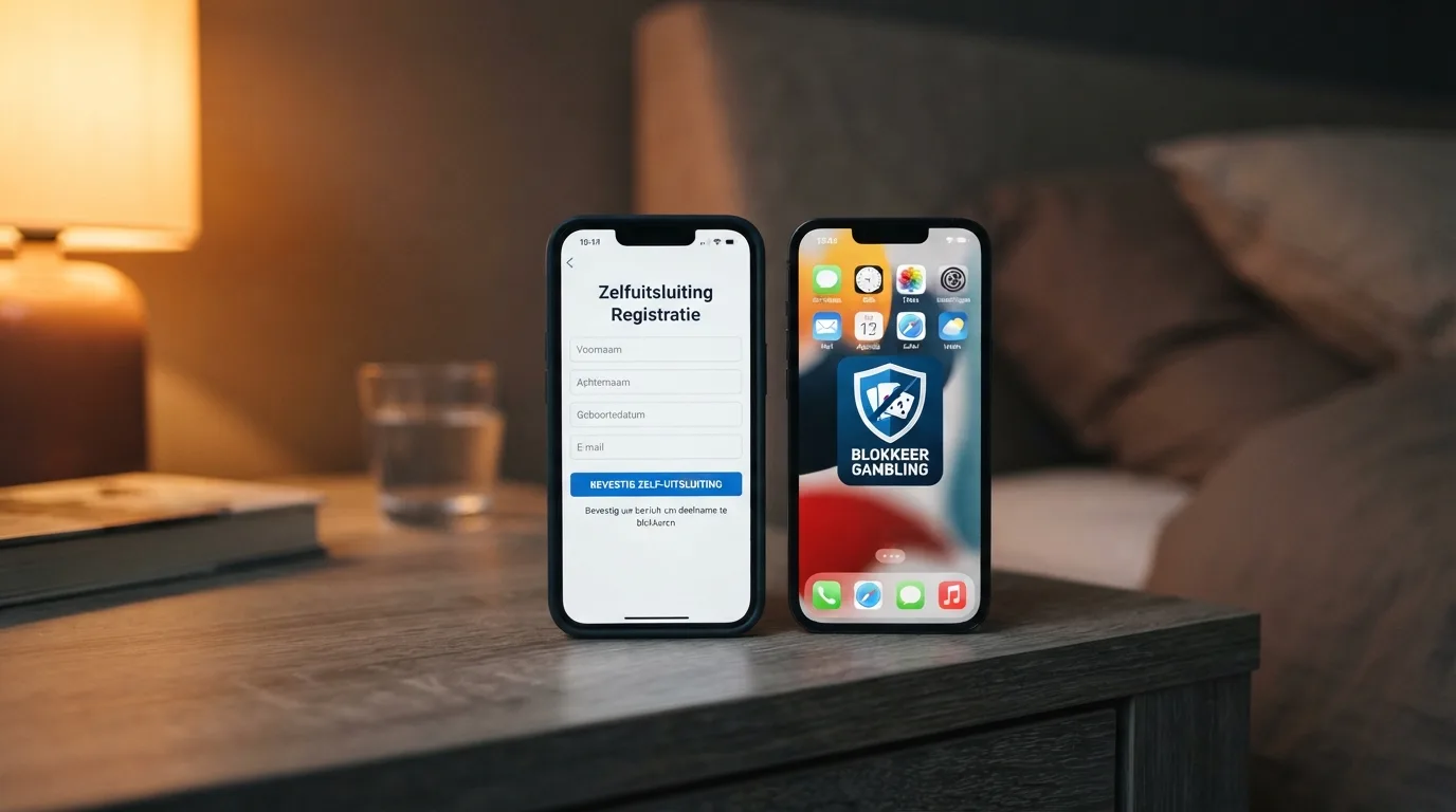 Een iPhone met het CRUKS-registratiescherm en daarnaast het BetBlocker-app-icoon op het beginscherm
