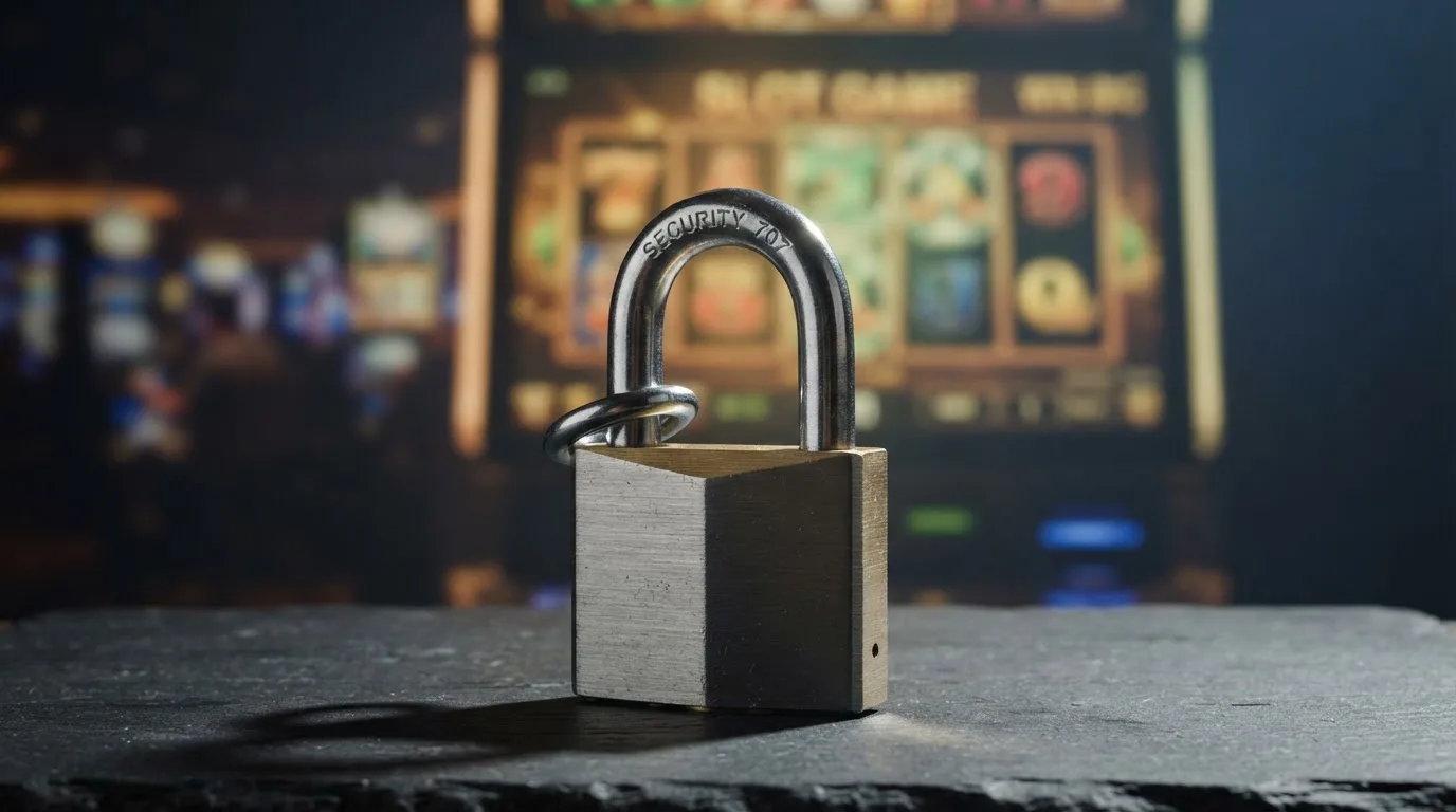 Het logo van de Kansspelautoriteit naast een geblokkeerd slot-symbool, met op de achtergrond een gedimd casino-scherm