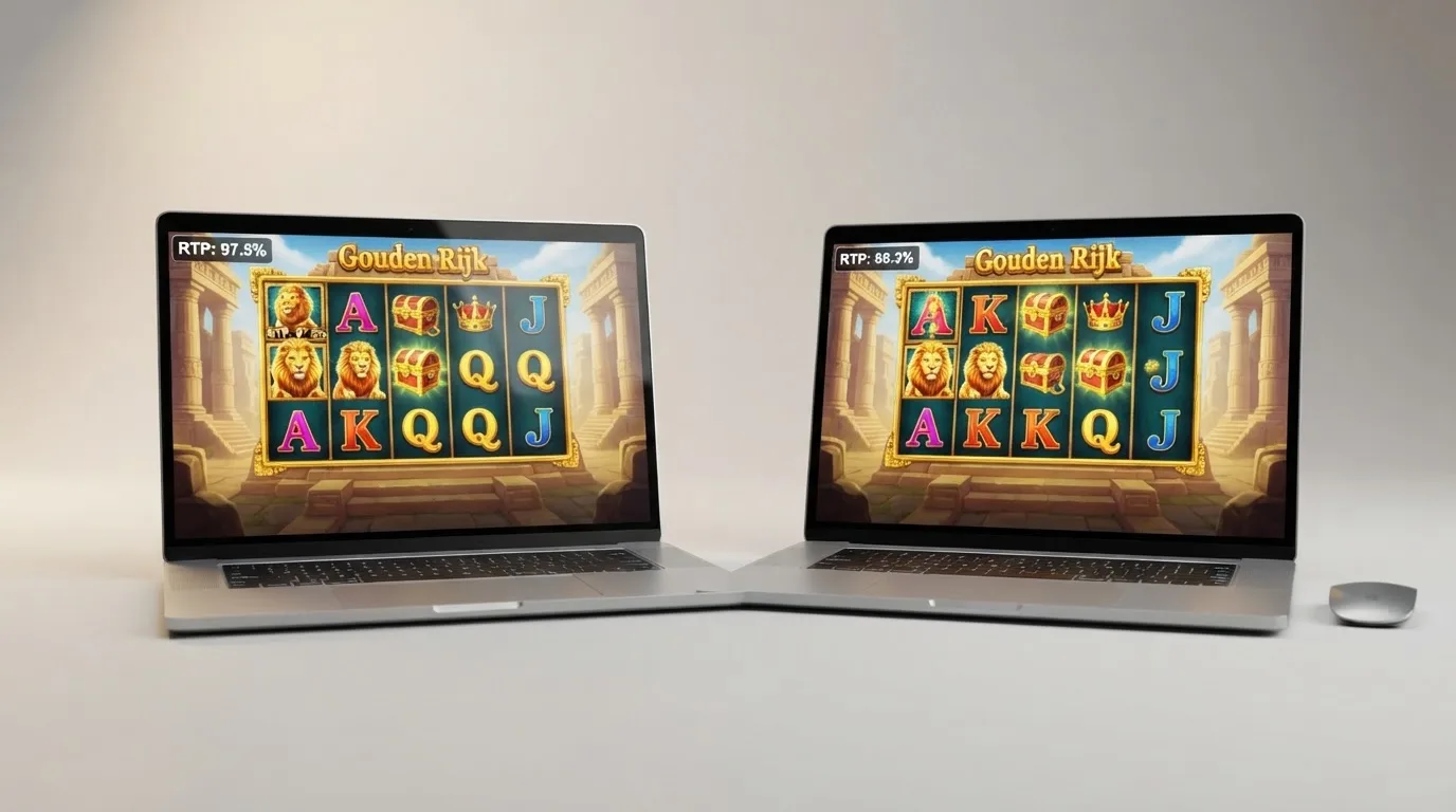 Twee vensters met hetzelfde slot naast elkaar, met verschillende RTP-percentages in de hoek van elk scherm