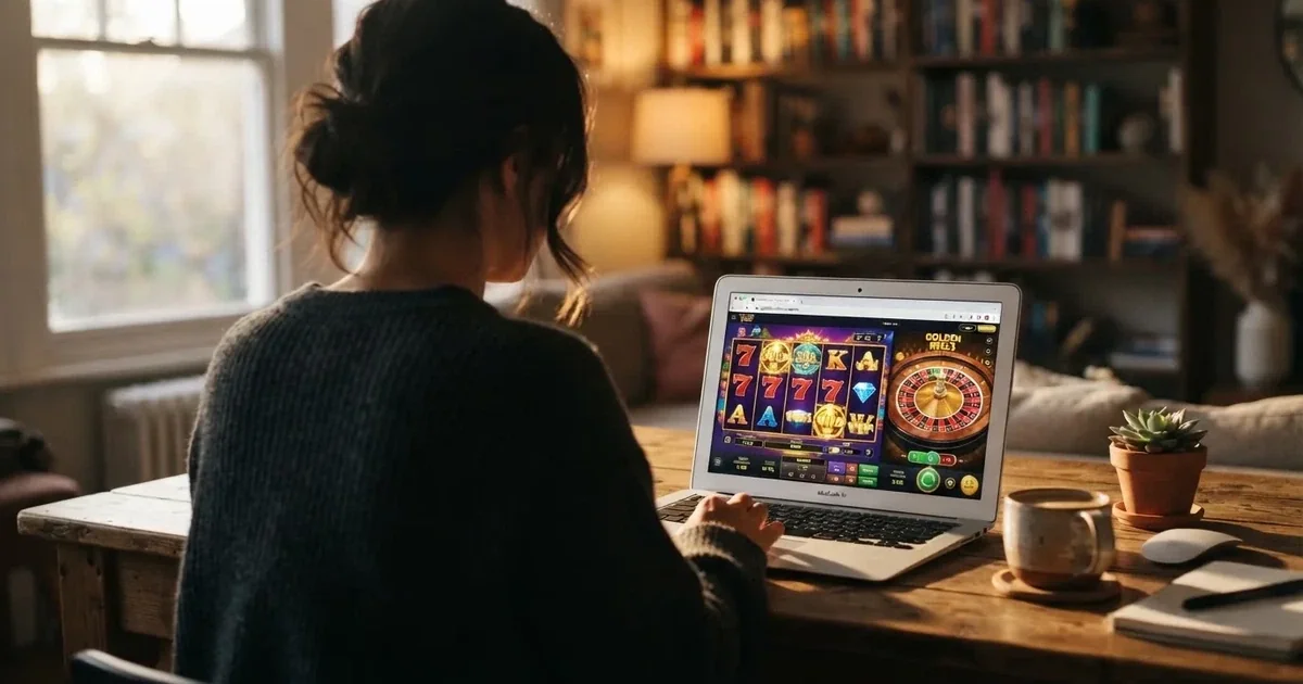 Een laptopscherm met gratis casinospellen die direct in de browser draaien, zonder registratiescherm