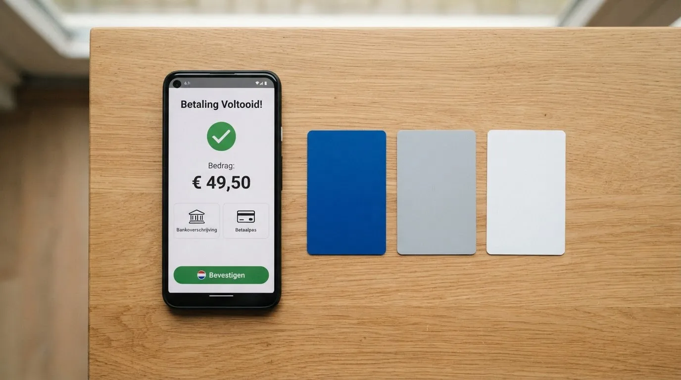 Een Nederlands iDEAL-betaalscherm op een smartphone, met daarnaast de logo's van Trustly, creditcard en bankoverschrijving als alternatieven