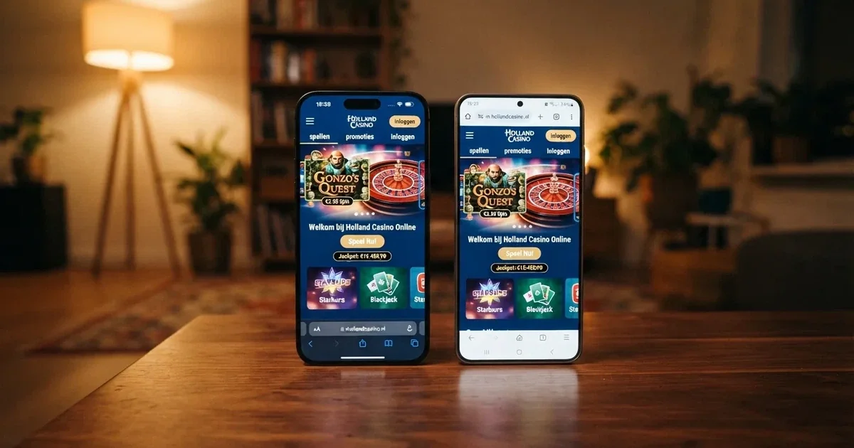Twee iPhones naast elkaar met een Nederlands online casino geopend in de app en in de Safari-browser