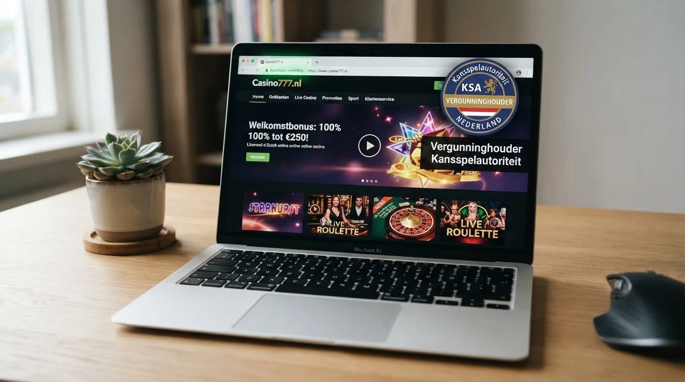 Het logo van de Kansspelautoriteit en het slot-symbool van Cruks op de homepage van een Nederlands online casino, met een slotje in het adresbalk
