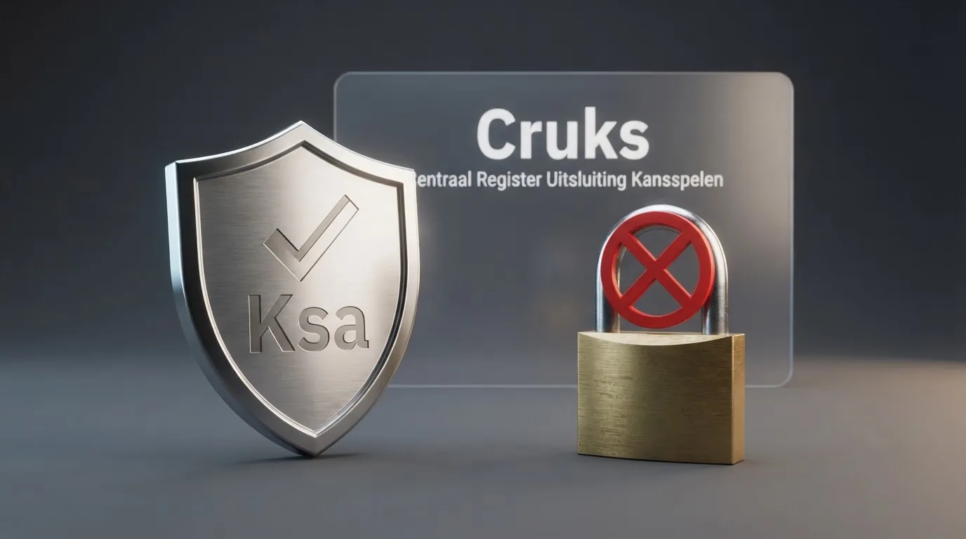 Een Ksa-keurmerk naast een rood doorgestreept slot, met op de achtergrond de tekst 'Cruks — Centraal Register Uitsluiting Kansspelen' en een geblokkeerd toegangsscherm