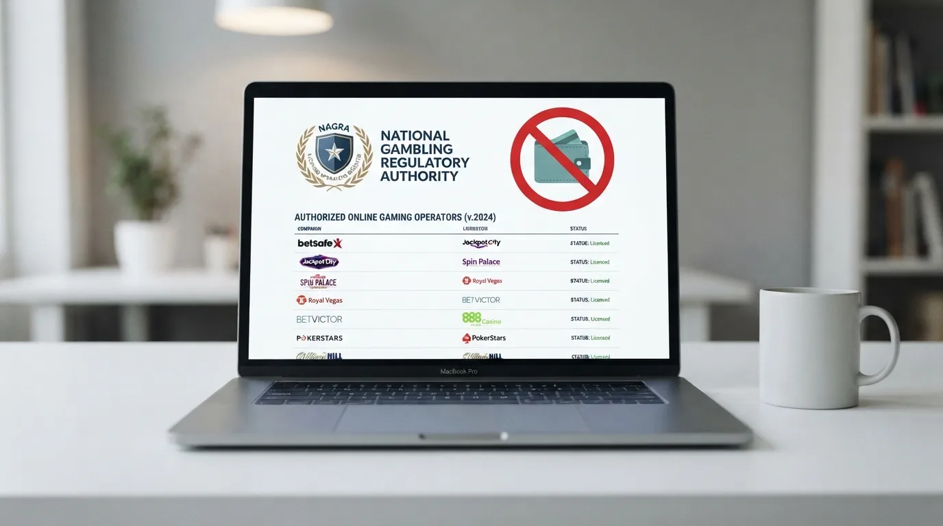 Een laptopscherm toont het Kansspelautoriteit-logo naast een rood kruis en het AstroPay-logo — een visuele weergave van de mismatch