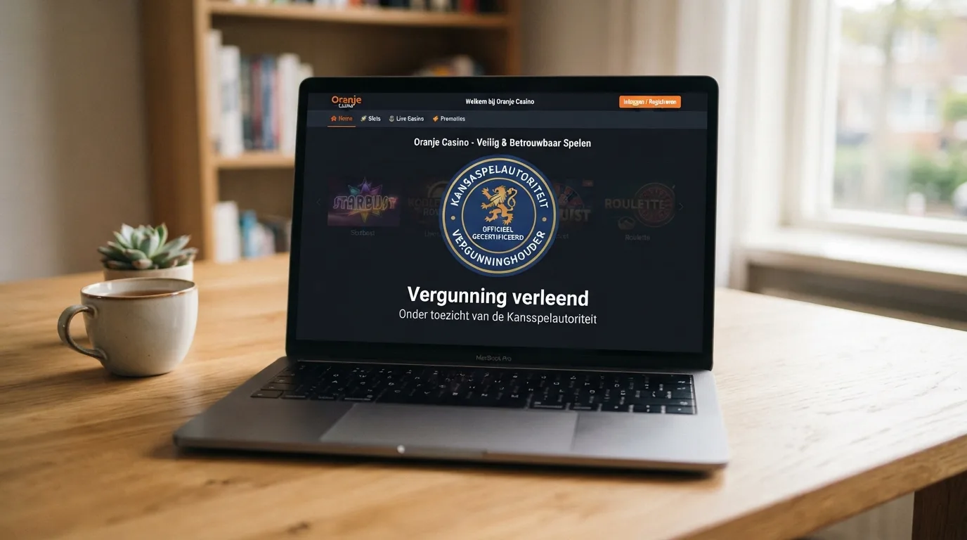 Een Ksa-keurmerk op het scherm van een online casino met de tekst 'Vergunning verleend'