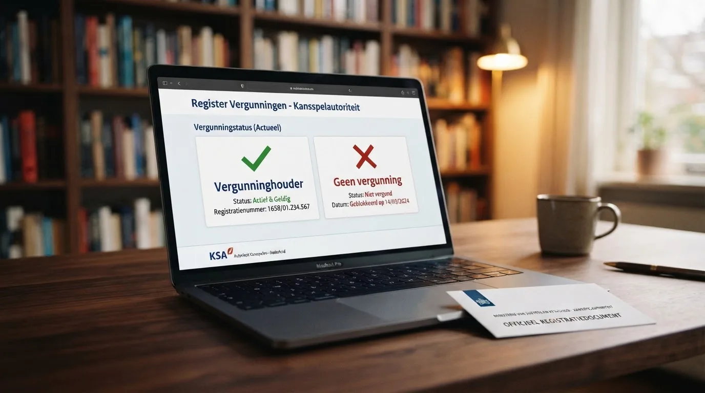 Het logo van de Kansspelautoriteit naast een open Ksa-registerpagina op een laptopscreen, met een groen vinkje bij 'vergunninghouder' en een rood kruis bij 'geen vergunning'