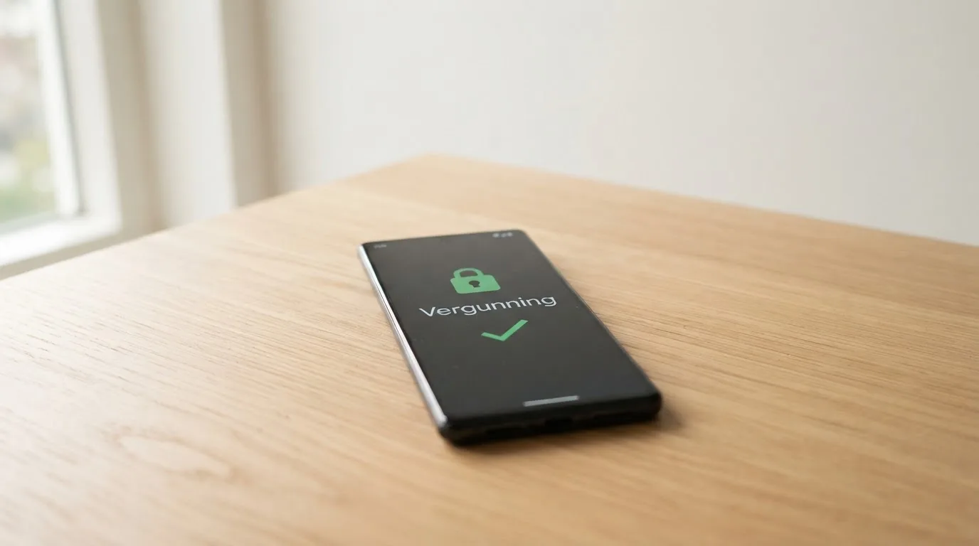 Een smartphone toont het Ksa-logo en een slotje naast de tekst “Vergunning kansspelen op afstand” op een Nederlandse casino-website