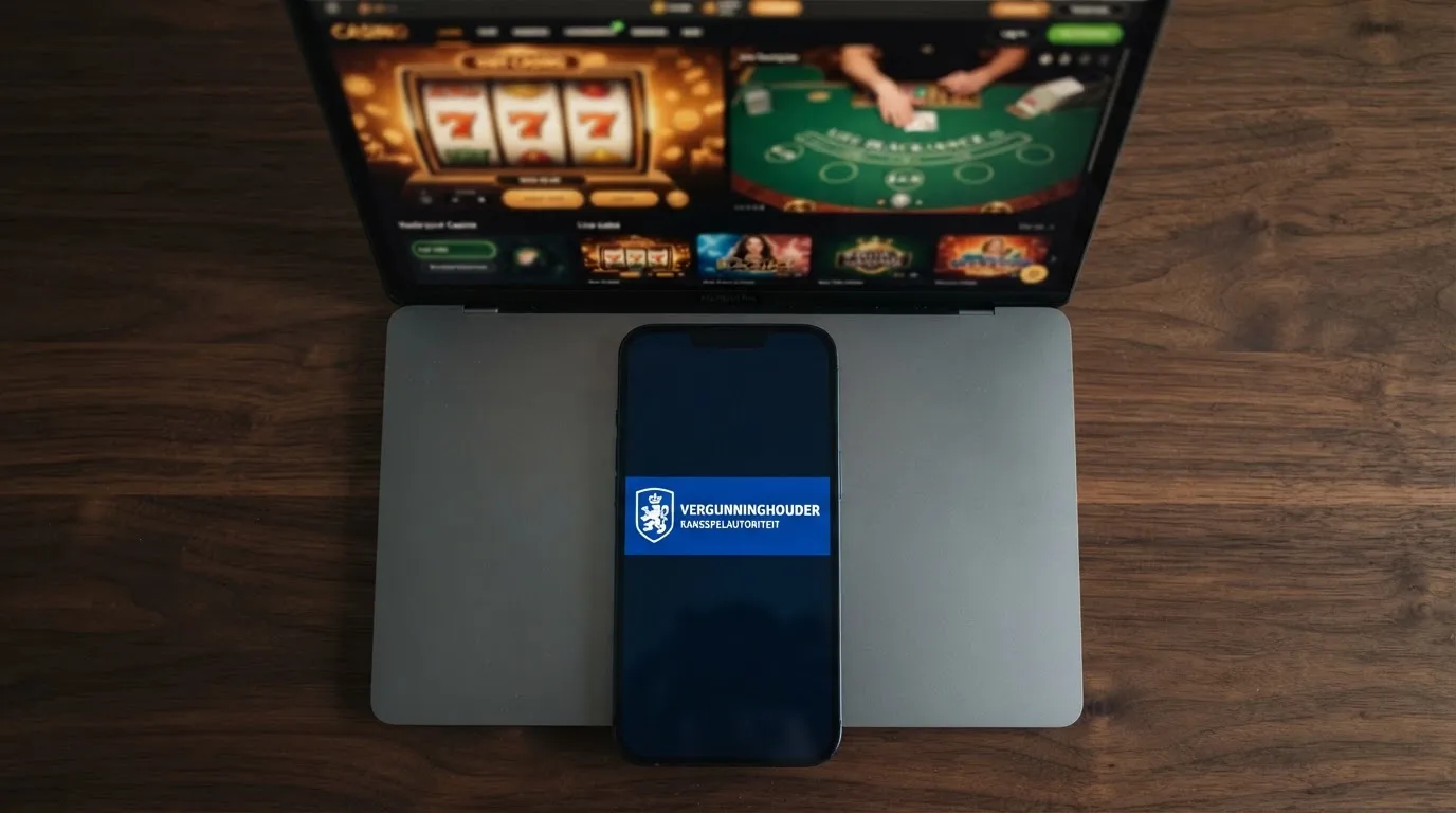 Het blauwe Ksa-keurmerklogo naast de tekst “Vergunninghouder Kansspelautoriteit” op het scherm van een smartphone, met op de achtergrond subtiel een casino-interface