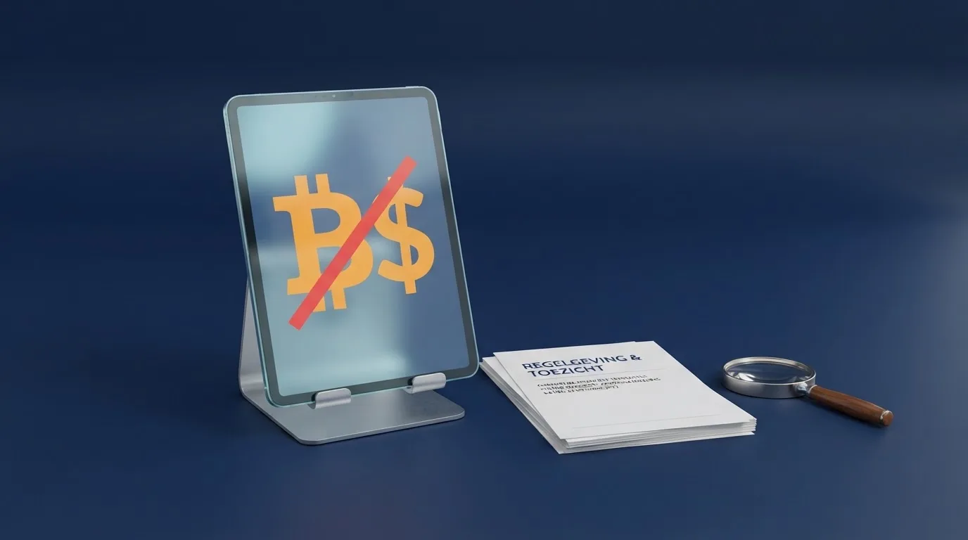 Een toezichthouder bekijkt documenten naast een scherm waarop een bitcoin-symbool is doorgestreept