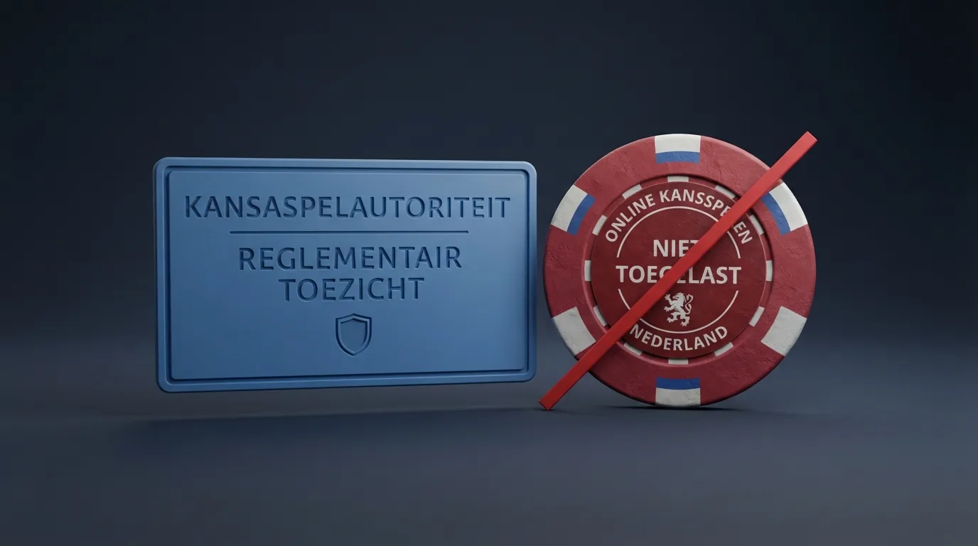 Het logo van de Kansspelautoriteit naast een doorgestreepte bitcoin-munt