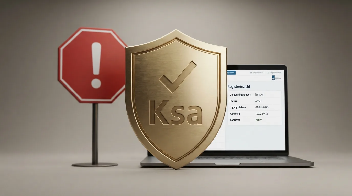 Het Ksa-logo naast een rood waarschuwingssymbool, met op de achtergrond het vergunningenregister op een beeldscherm