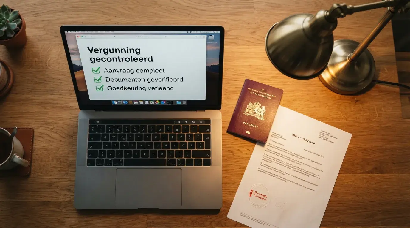 Het logo van de Kansspelautoriteit naast een open paspoort en een vergunningsdocument, op een bureau onder een bureaulamp