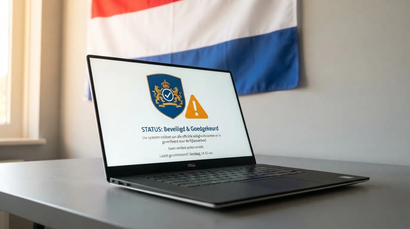 Het logo van de Kansspelautoriteit naast een waarschuwingssymbool op een casinoscherm, met een Nederlandse vlag in de achtergrond