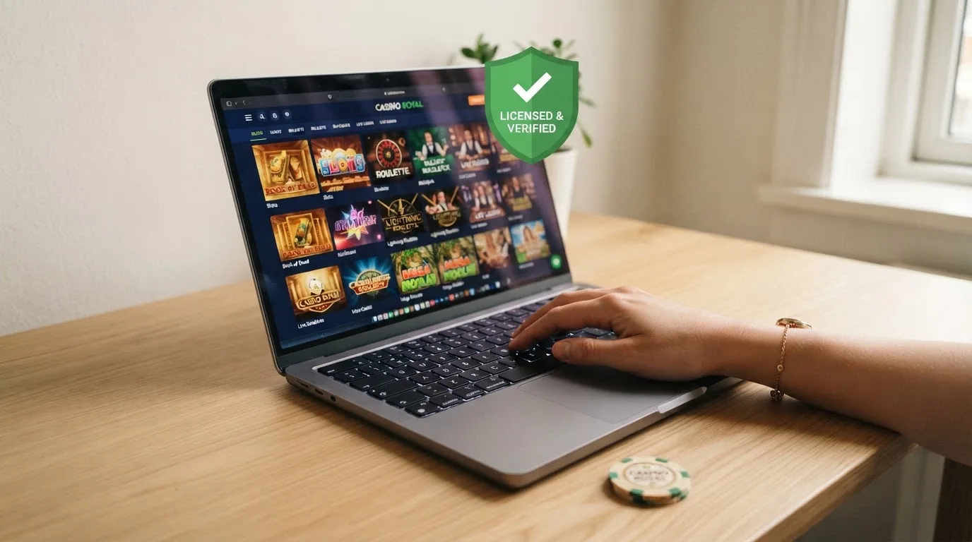 Een Ksa-vergunningsdocument naast een geopende casino-website op een laptop