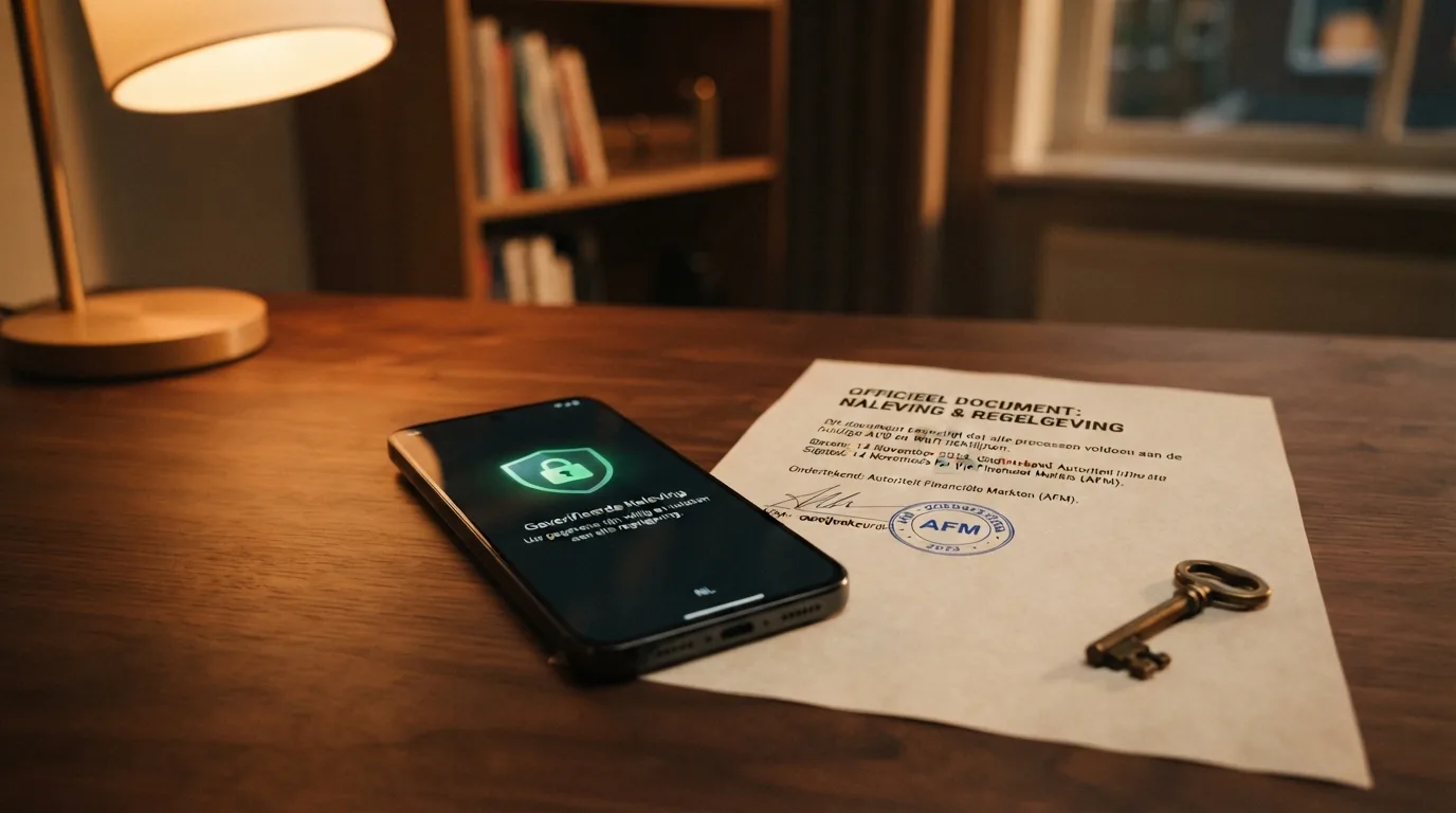Het logo van de Kansspelautoriteit naast een Ksa-vergunningdocument en een slot op een telefoonscherm