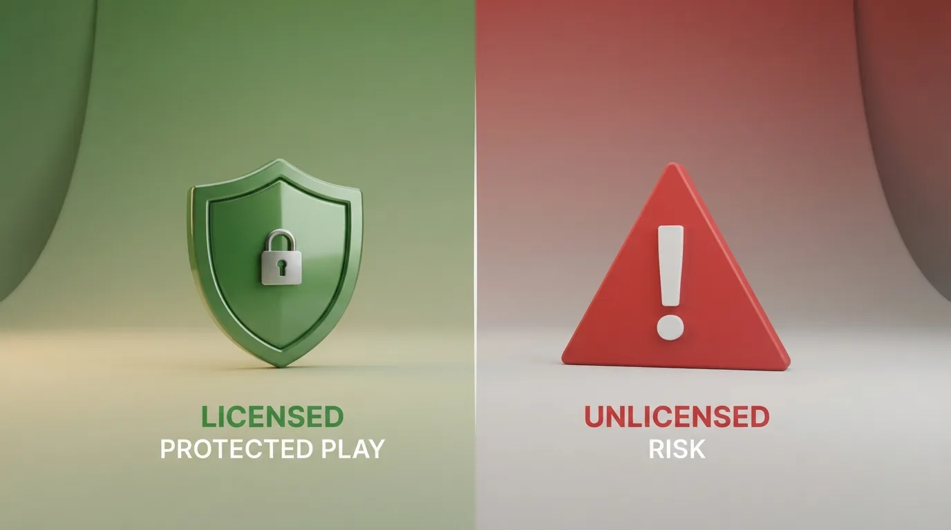 Een gesplitst beeld: links het Ksa-keurmerk met een slotje en de tekst “Vergund — Cruks-bescherming actief”, rechts een waarschuwingsteken bij een scherm met “Geen iDEAL — Geen Cruks — Zelf belasting betalen”.