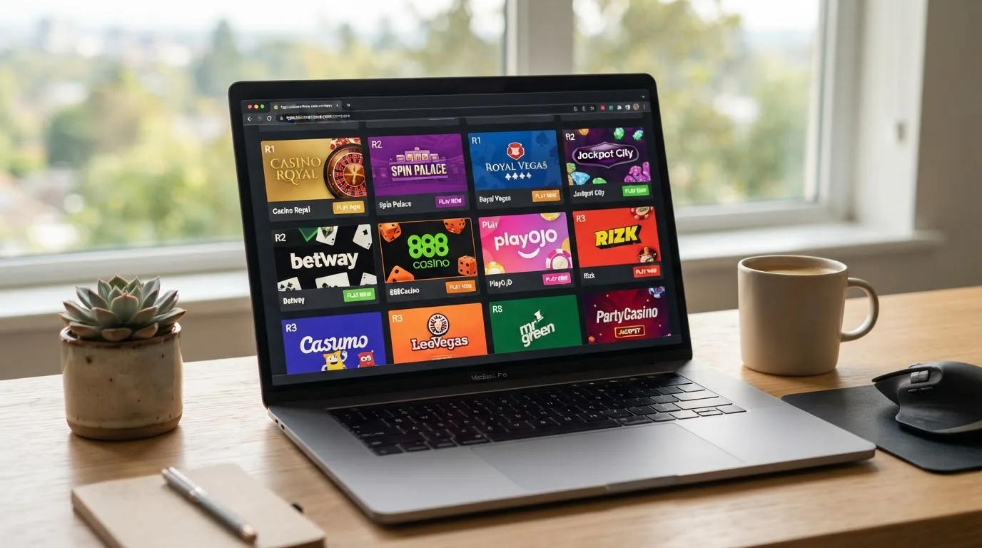 Een overzicht van de homepages van meerdere Ksa-vergunde online casino's naast elkaar op een scherm